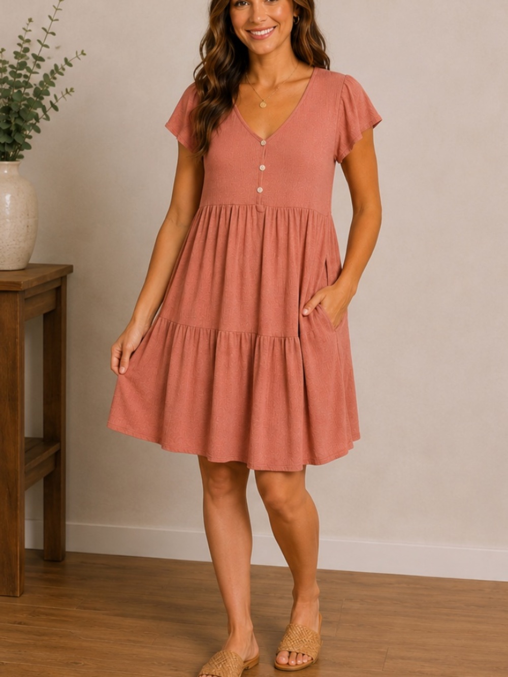 See You Monday Women’s Dusty Rose Tiered Babydoll Dress, size XL